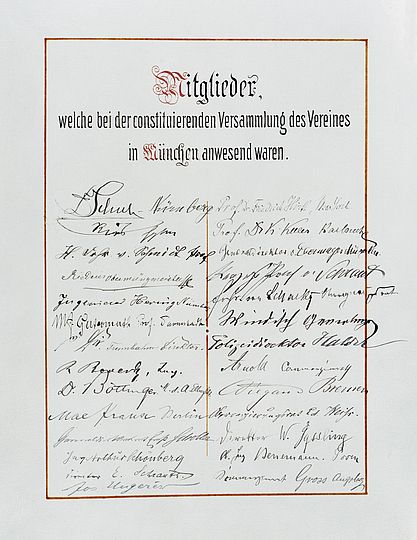 Die Liste der Mitglieder, die bei der konstituierenden Versammlung des Museumsvereins 1903 in München anwesend waren.