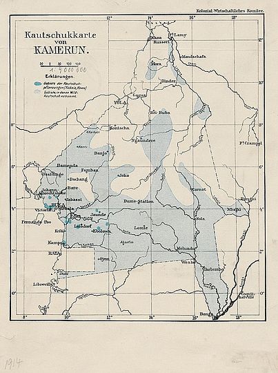 Karte der Kautschukgebiete in der deutschen Kolonie Kamerun, Kolonial-Wirtschaftliches Komitee 1914.