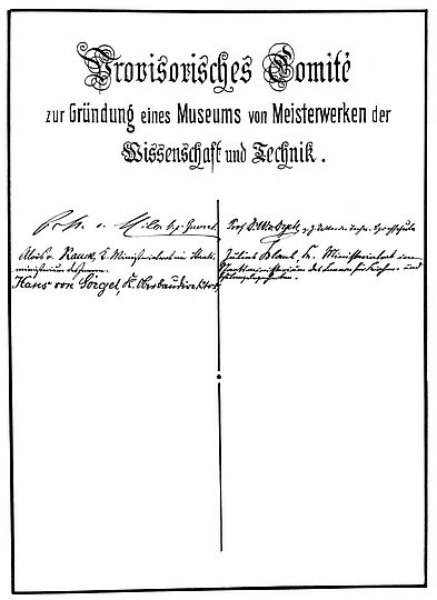 Liste des "Provisorischen Comités" zur Gründung eines Museums von Meisterwerken der Wissenschaft und Technik. An erster Stelle steht Oskar von Miller, daneben Walther von Dyck.