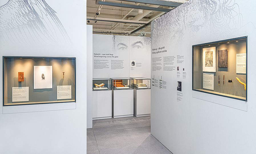 Ausstellungsbereiche "Radierung" und "Holzstich".