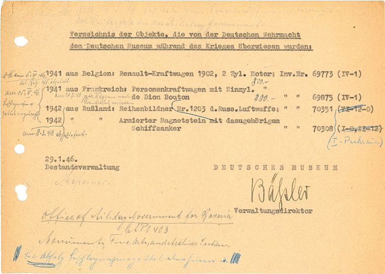 Dokument aus dem Archiv des Deutschen Museums mit Meldung von Kriegsbeuteobjekten an die amerikanische Militärregierung 1946 (VA 0838/6).