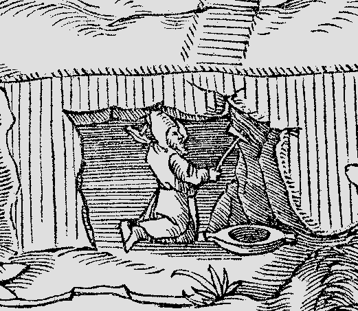 Bergbau Der Stich zeigt einen Mann, der unter Tage in einem Bergwerksstollen arbeitet.