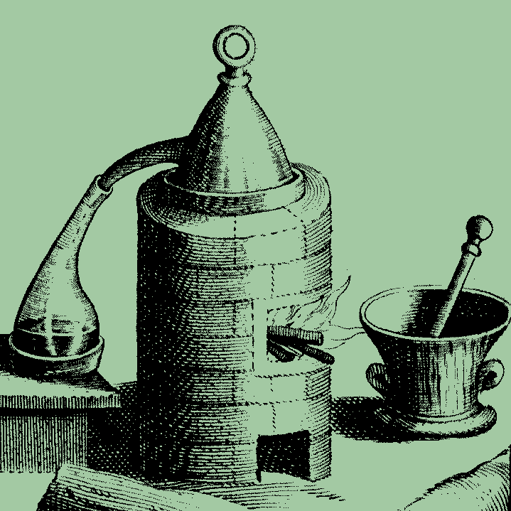 Der Stich zeigt verschiedene (al-)chemische Utensilien: Mörser und Stößel sowie einen Holzfeuerofen mit aufgesetztem Destillierapparat.