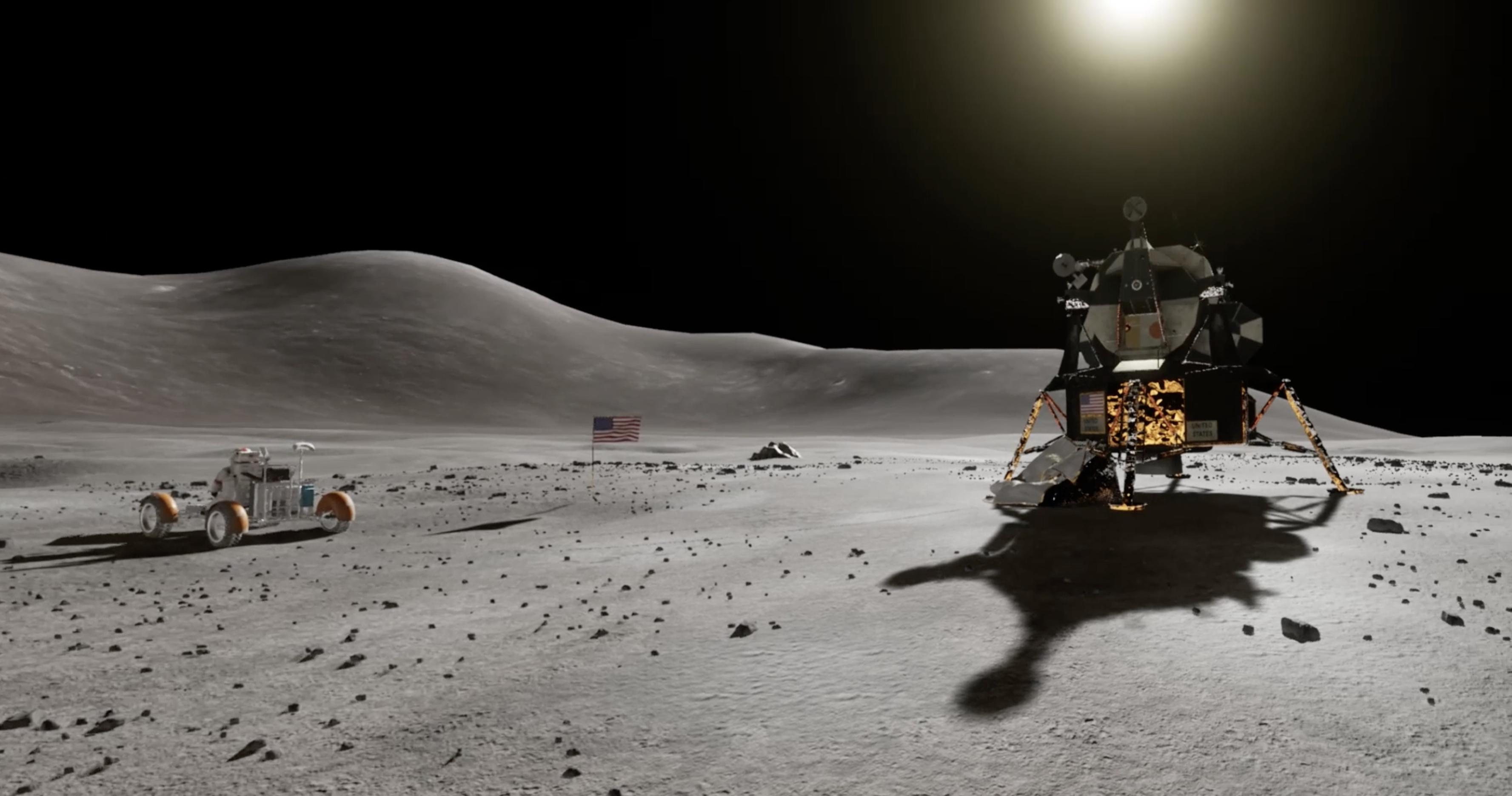 Screenshot einer Virtual Reality Szene von der Apollo 15 Landing Site auf dem Mond. Mit dem Lunar Roving Vehicle und dem Landemodul.
