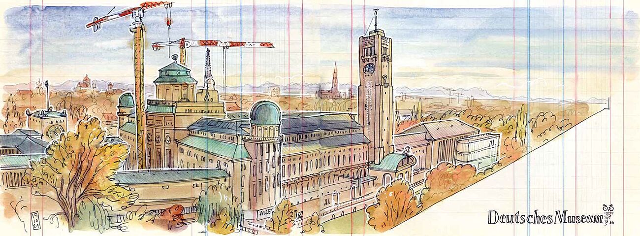 Blick ins Buch von Lapin. Zu sehen ist das gezeichnete Museumsgebäude