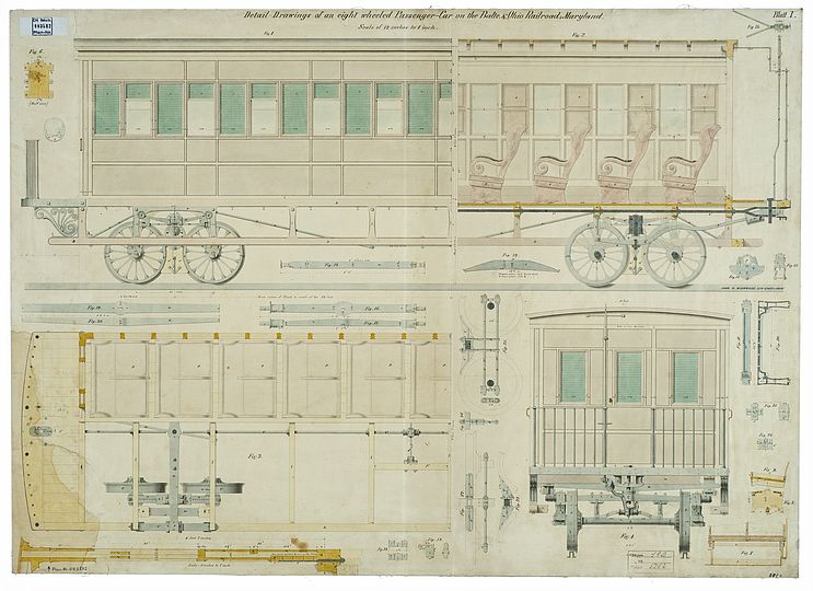 Ansichten und Schnittzeichnungen des Wagens und seiner Bauteile, kolorierte Zeichnung.