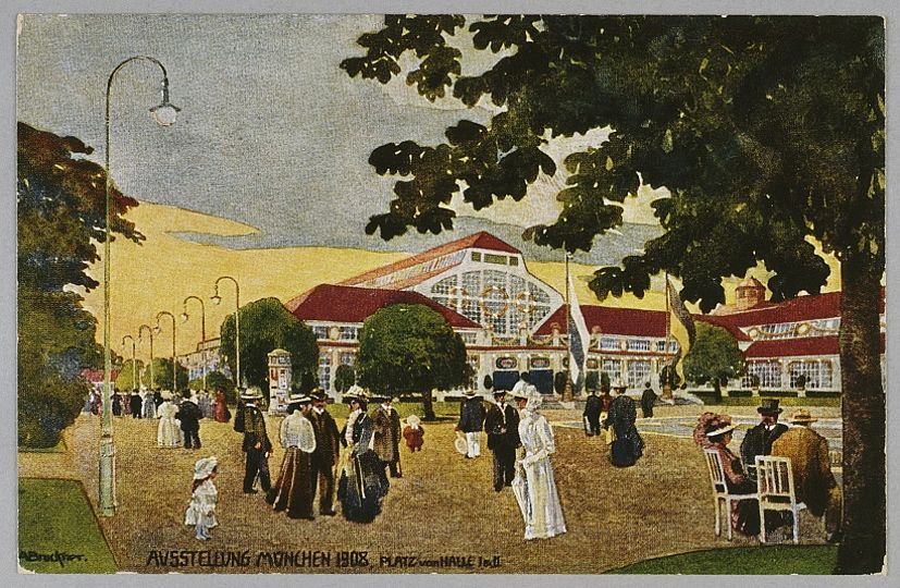 Historische Postkarte mit Szenerie vor den Hallen des Ausstellungsparks