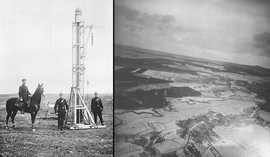 Alfred Mauls Fotorakete ist zum Abschuss bereit (Schießplatz bei Glauschnitz) und sowie eine mit der Rakete gemachte Aufnahme, 1906. 