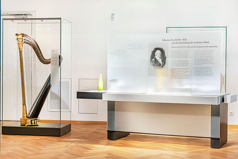 Die Doppelpedalharfe in der Ausstellung Musikinstrumente. Links befindet sich eine Informationstafel über "Sébastien Erard und die Entwicklung der modernen Harfe".
