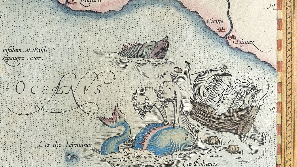 Fabelwesen im Nordpazifik attackieren ein Schiff. Stich aus Abraham Ortelius: Theatrum Orbis Terrarum (1571).