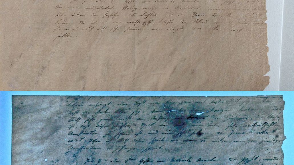 Brief Fraunhofers vom 3. September 1823 Teil der ersten Seite eines Briefs Frauenhofers im sichtbaren und im ultravioletten Licht