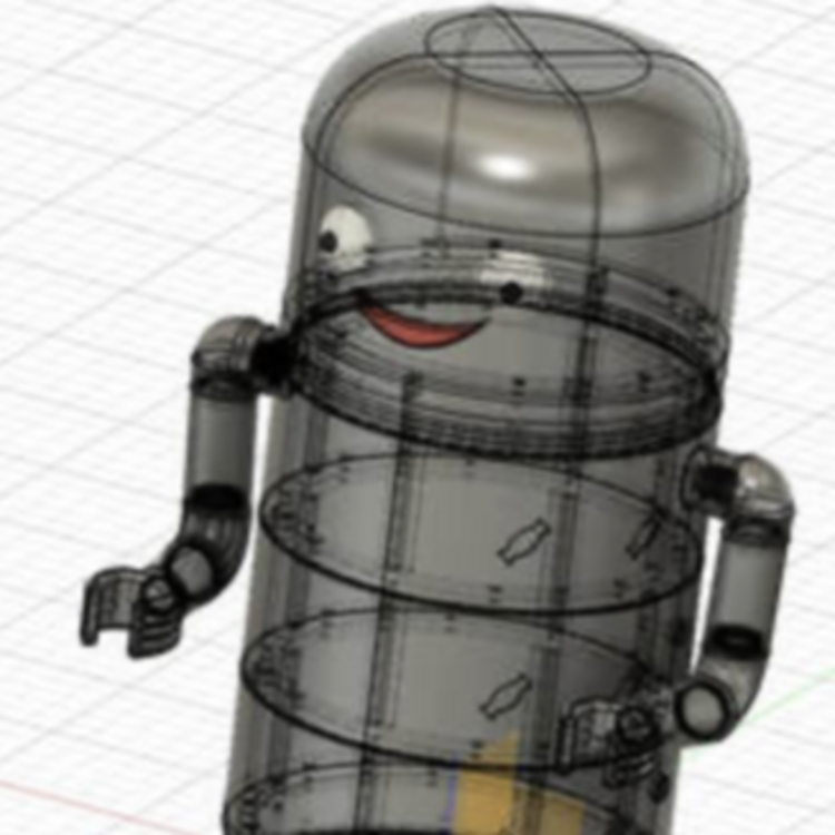 Transparentes 3D-CAD-Modell einer zylindrischen, pillenförmigen Roboterfigur mit sichtbaren inneren Ebenen, beweglichen Gelenkarmen mit Greifern, einem lächelnden Gesichtselement und einer schwarzen Basis auf kariertem Zeichenraster.