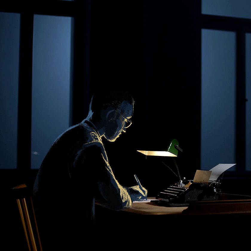 Diese Zeichnung zeigt Fritz Menzer wie er im Dunkeln an seinem Schreibtisch sitzt und arbeitet.