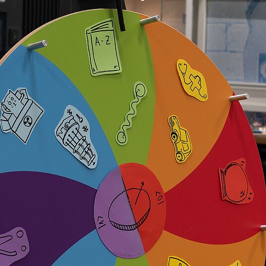 Auf einer mehrfarbigen Drehscheibe sind gezeichnete Symbole für unterschiedliche Programmformate angeheftet.
