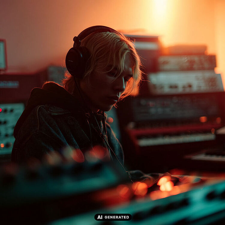 Eine Person mit Kopfhörern sitzt in einem dunklen Musikstudio vor mehreren Synthesizern und Keyboards, warmes orange-rotes Licht beleuchtet den Raum und hebt Regler und Tasten hervor.