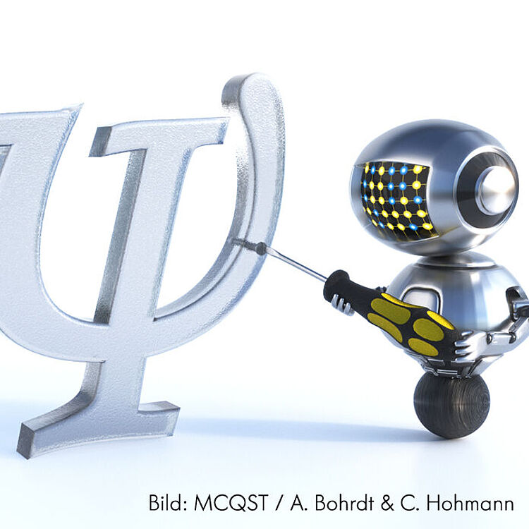 Ein glänzender, silberner Roboter mit rundem Kopf und bunter LED-Gesichtsfläche balanciert auf einer Kugel und hält mit beiden Greifarmen einen großen Schraubenzieher, mit dem er an einem übergroßen, metallisch glänzenden griechischen Psi-Symbol (Ψ) arbeitet; weißer Hintergrund, Bildquelle im unteren Rand: MCQST / A. Bohrdt & C. Hohmann.