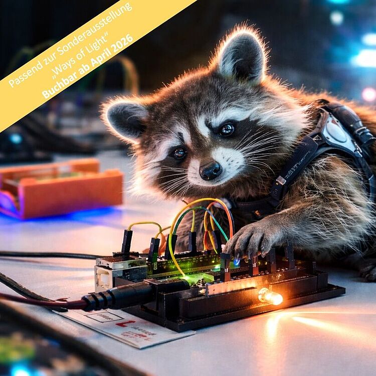 Ein neugieriger Waschbär mit reflektierenden Augen trägt ein kleines schwarzes Geschirr und tastet mit der Pfote an einer leuchtenden Elektronikplatine mit bunten Steckdrähten und einer orangefarbenen LED, im Hintergrund unscharfe Lichter und Werkstattutensilien; oben links ein gelbes Diagonalbanner mit weißem Text in deutscher Sprache.
