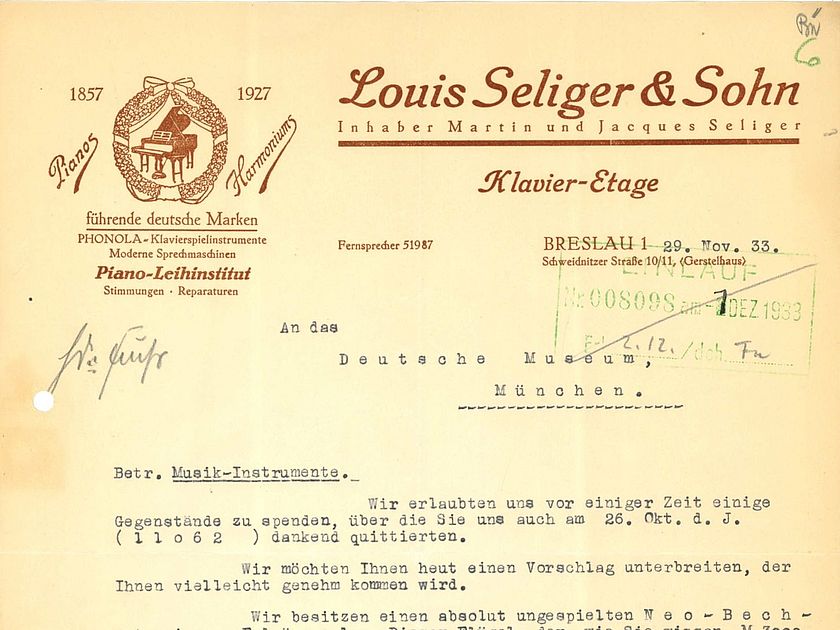 Brief: Louis Seliger & Sohn an Deutsches Museum 29.11.1933 (Deutsches Museum, Archiv, VA 1770/3).