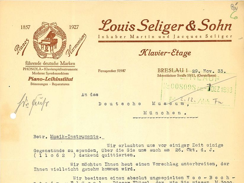 Brief: Louis Seliger & Sohn an Deutsches Museum 29.11.1933 (Deutsches Museum, Archiv, VA 1770/3).