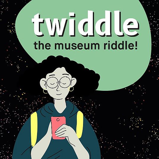 Cover Flyer zur Rätsel-App „twiddle“, Illustration: Frau bedient Mobiltelefon