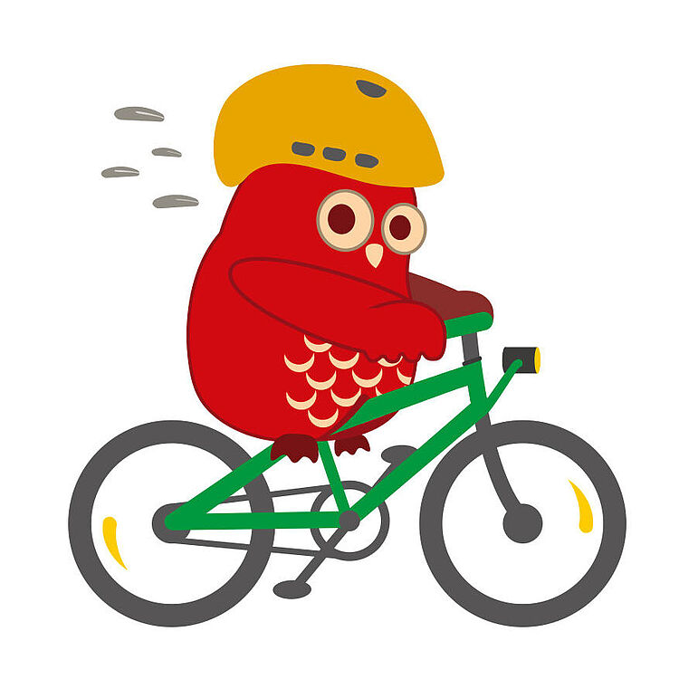 Grafik einer roten Eule mit gelben Fahrradhelm auf einem grünen Fahrrad.