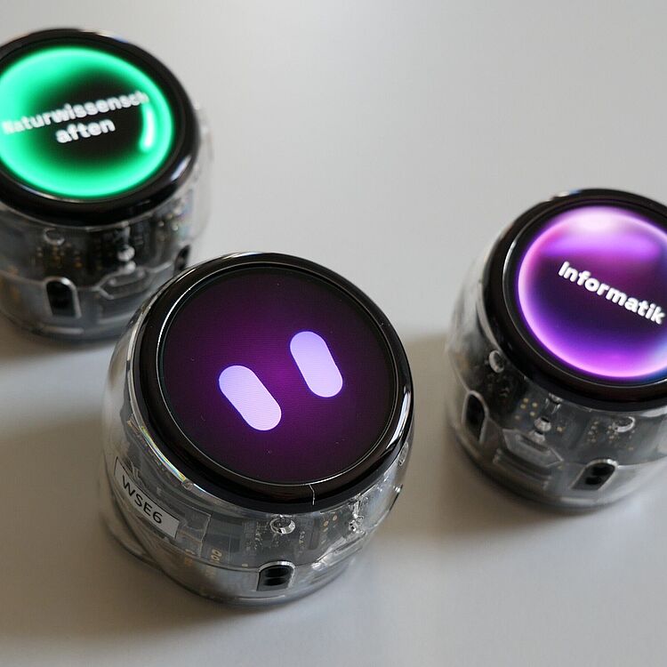 Drei runde transparente Roboterwürfel mit leuchtenden runden Displays auf grauem Tisch; linkes Display grün mit dem Wort „Naturwissenschaften“, rechtes Display violett mit dem Wort „Informatik“, mittleres Display dunkelviolett mit zwei hellvioletten Balken und Gehäuseaufkleber „WSE6“.