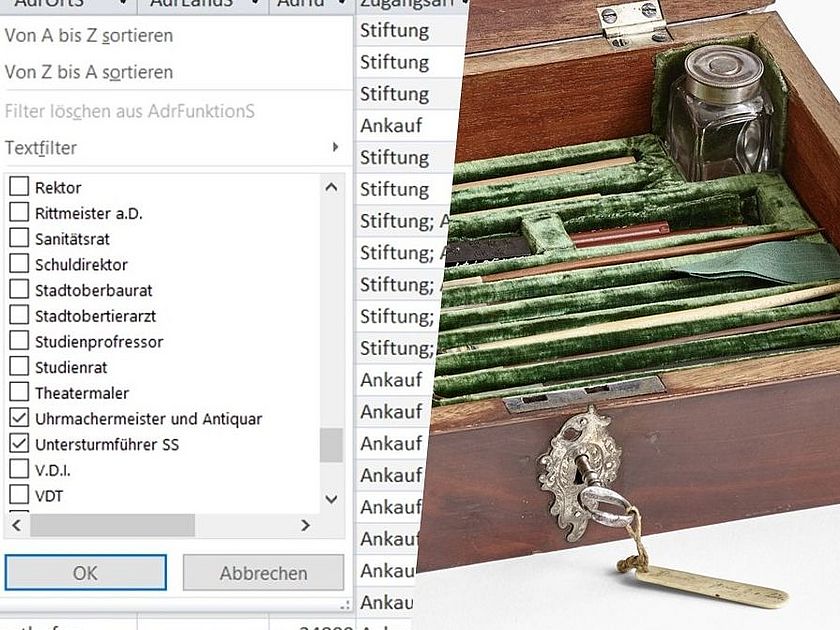 Symbolbild zum Artikel "Wo anfangen? Ein Grob-Survey zu möglichen NS-Provenienzen am Deutschen Museum": Screenshot Datenbank und Detailfoto eines Reißzeugs.
