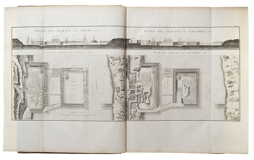 Doppelseite über den Baufortschritt der Brücke in Neuilly.
