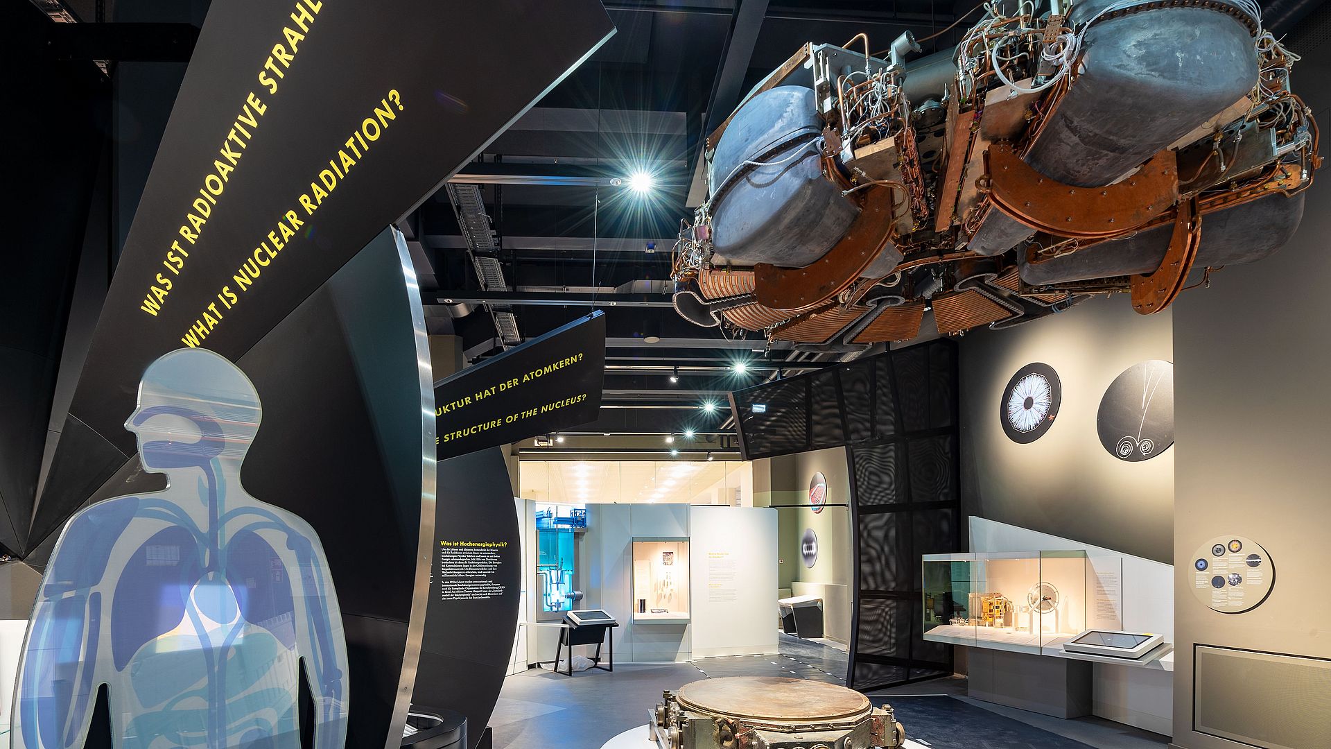 Einblick in die Ausstellung Atomphysik. Ausschnitt eines Menschen mit Organen zum Thema radioaktive Strahlung.