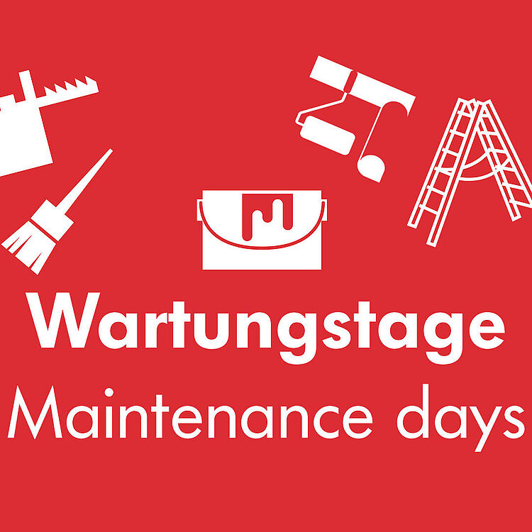 Illustration: Typo "Wartungstage" auf Deutsch und Englisch, und kleine Baustellen-Icobs, Stichsäge, Leiter, Farbrolle, Farbeimer, Pinsel und Bohnkopf