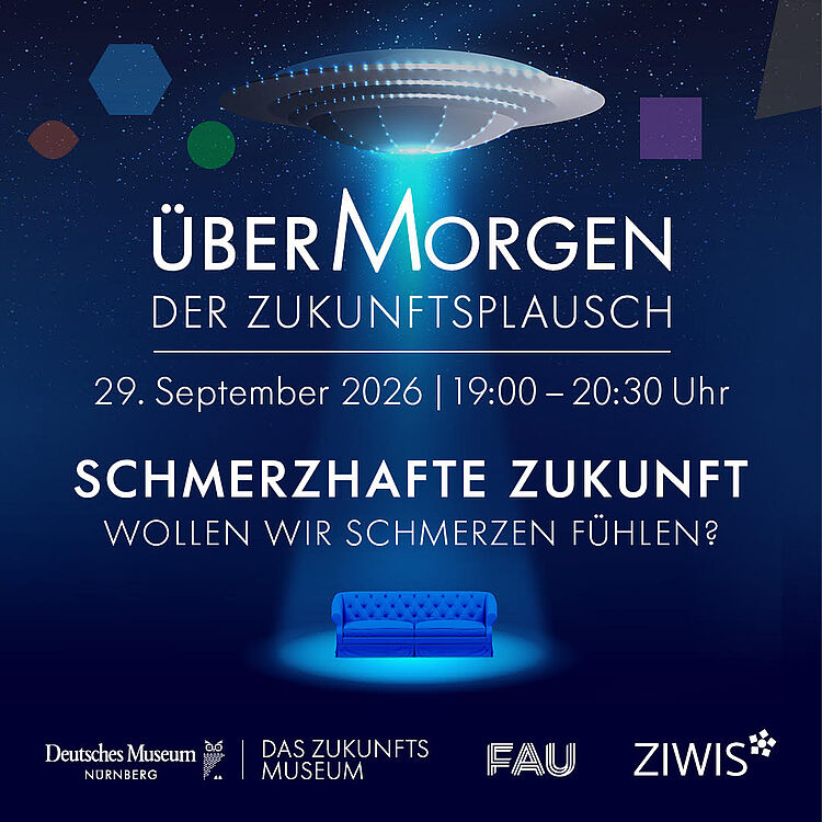 Plakat für die Veranstaltungsreihe „ÜberMorgen – Der Zukunftsplausch“ mit UFO-Strahllicht, Datum 29. September 2026, Uhrzeit 19:00–20:30 Uhr, Titel „Schmerzhafte Zukunft – Wollen wir Schmerzen fühlen?“, blaues Sofa im Lichtkegel und Logos von Deutsches Museum Nürnberg, Das Zukunftsmuseum, FAU und ZIWIS.