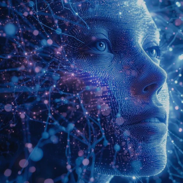 Nahaufnahme eines futuristischen, blau beleuchteten Gesichts aus digitalen Punktmustern, umgeben von leuchtenden neuronähnlichen Verbindungen und schwebenden Partikeln, suggeriert künstliche Intelligenz und neuronale Netzwerke.
