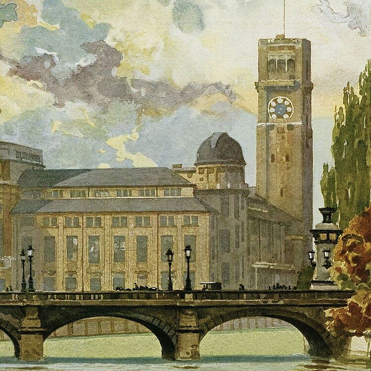 Postkarte von 1925 zeigt das Deutschen Museum mit Museumsturm.