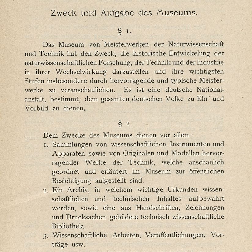 Die Satzung des Deutschen Museums von 1903 mit der ersten Nennung des Archivs. Textseite.