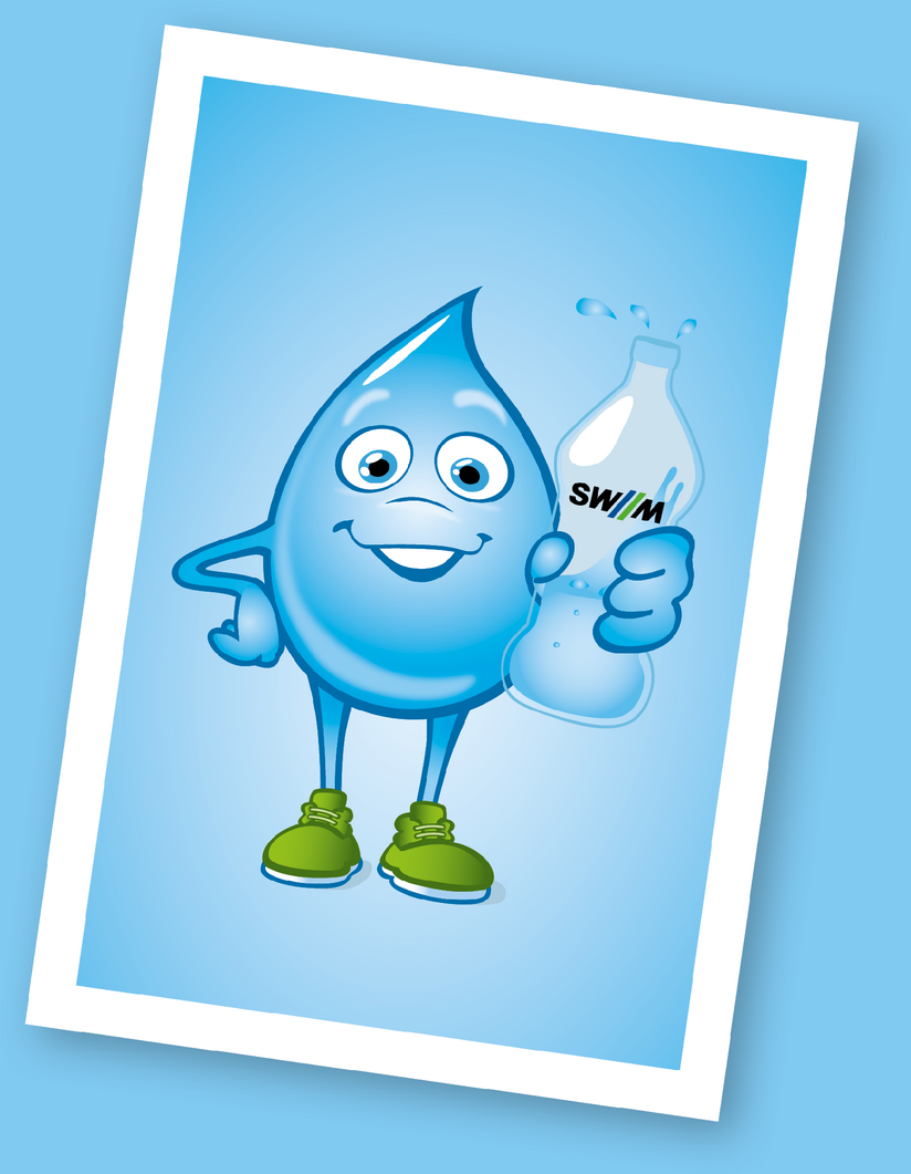 Comic-Zeichnung: Wassertropfen "Pauli" hält Wasserflasche mit SWM-Logo ins Bild, er hat ein freundliches Gesicht und grüne Turnschuhe (Plakat)