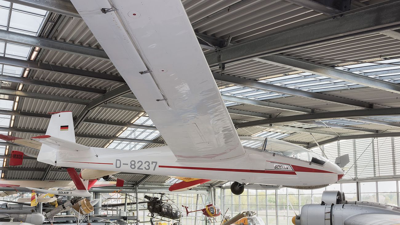 Segelflugzeug Bocian 1E in der Flugwerft Schleißheim.
