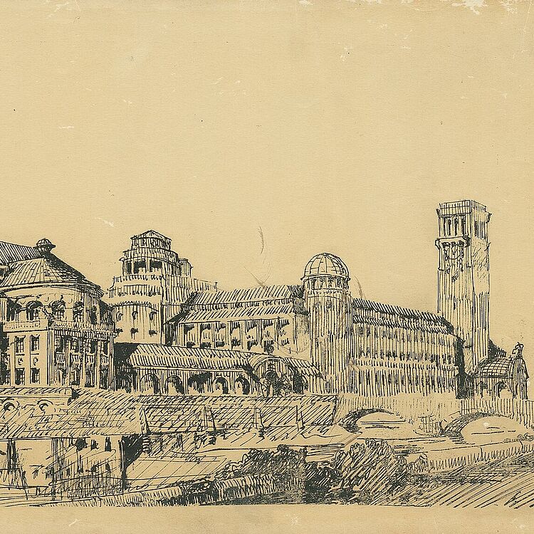 Federzeichnung auf vergilbtem, an den Rändern rissigem Papier. Entwurf des Deutschen Museums mit Bibliotheks- und Ausstellungsbau, Perspektive vermutlich von Ecke Ludiwgsbrücke-Steinsdorfstraße, von Norden.