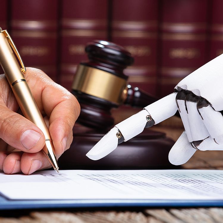 Robotic Hand Assisting Person For Signing Document Over Reflective Desk In The Courtroom