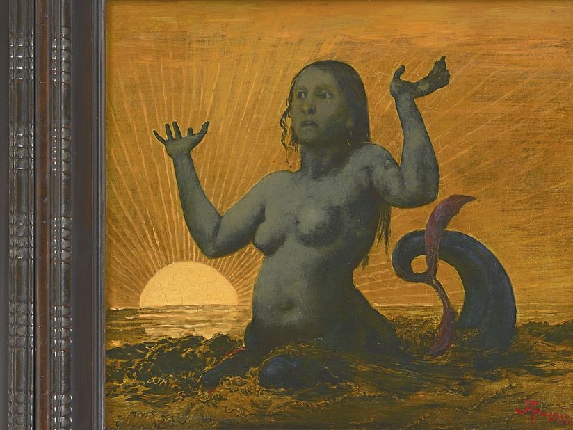Gemälde: Hans Thoma, "Meerjungfrau", 1913, Öl auf Metallplatte, 41 x 45 cm. Deutsches Museum, Inv.-Nr. 1995-201.