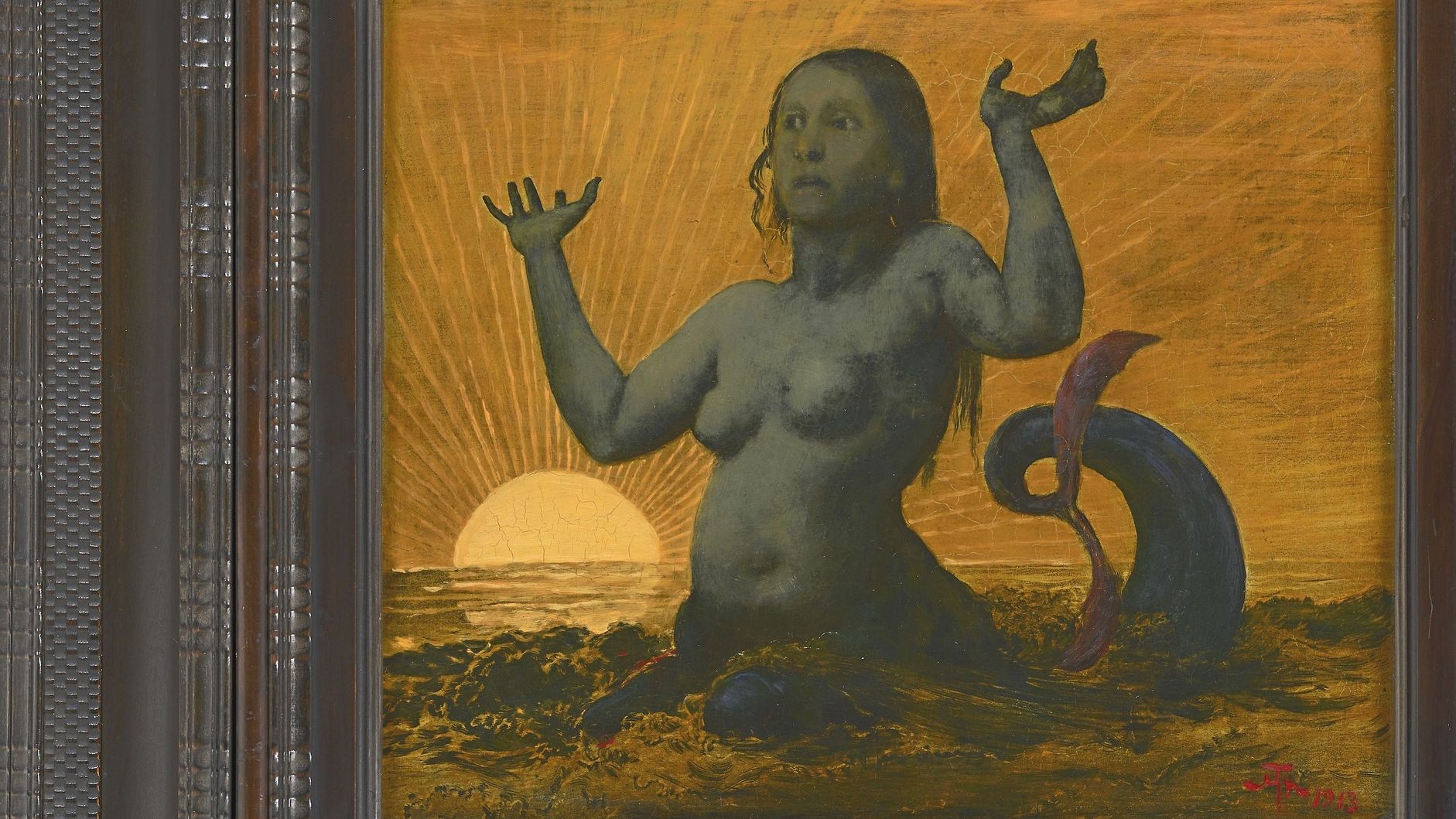 Gemälde: Hans Thoma, "Meerjungfrau", 1913, Öl auf Metallplatte, 41 x 45 cm. Deutsches Museum, Inv.-Nr. 1995-201.