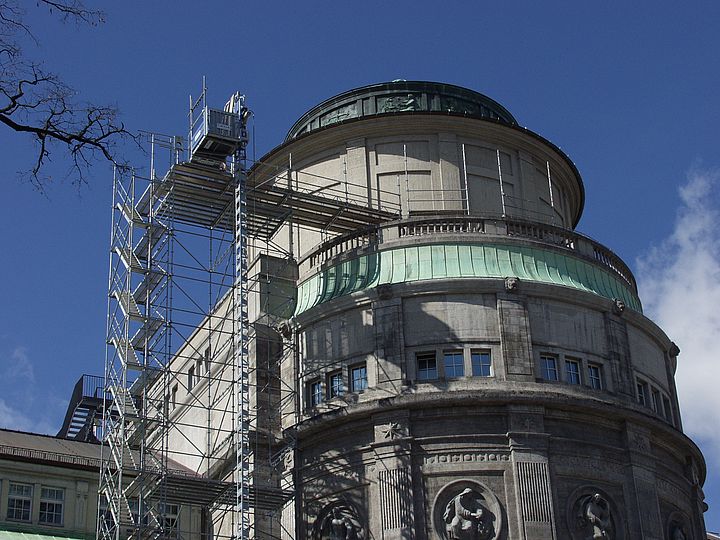 Scaffolding on the facade of the dome of the planetarium.