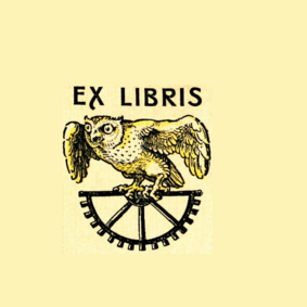Ehemaliges Ex Libris der Bibliothek: Eine Eule krallt ein halbes Zahnrad.