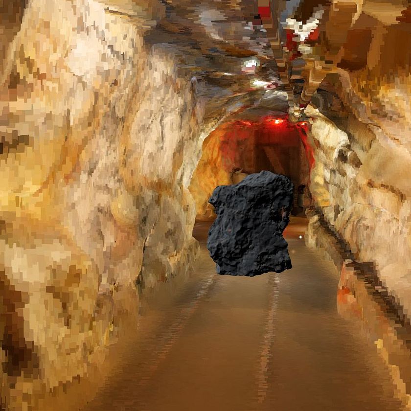 Ein Erzklumpen fliegt in einer animierten Bergwerksumgebung durch einen Stollen.
