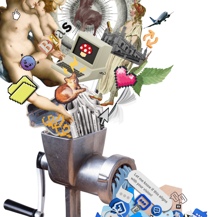 The image features a silver meat grinder. Going into the grinder at the top are various culturally symbolic, historical, and fun icons. 