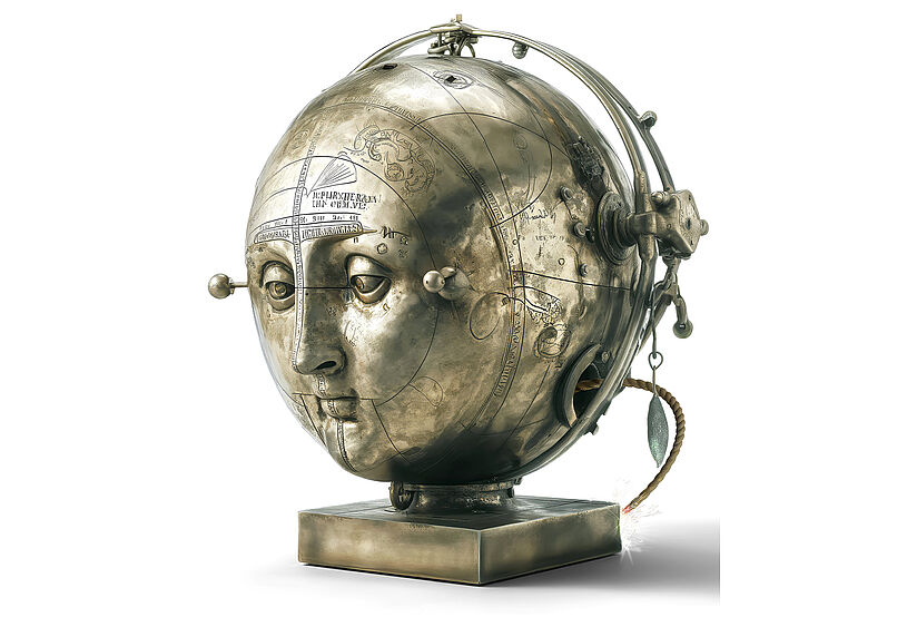 ine messingfarbige Sphäre mit menschlichem Antlitz in viktorianisch fantastischer Ästhetik. Die Gravuren, Zahnräder und der umlaufende Median- ring erinnern an mechanische Planetenmodelle. Die brennende Lunte deutet auf Vergänglichkeit und Zerstörung hin.