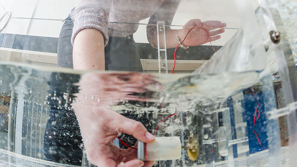 Eine junge Frau hält eine Turbine in ein durchsichtiges Wasserbecken.