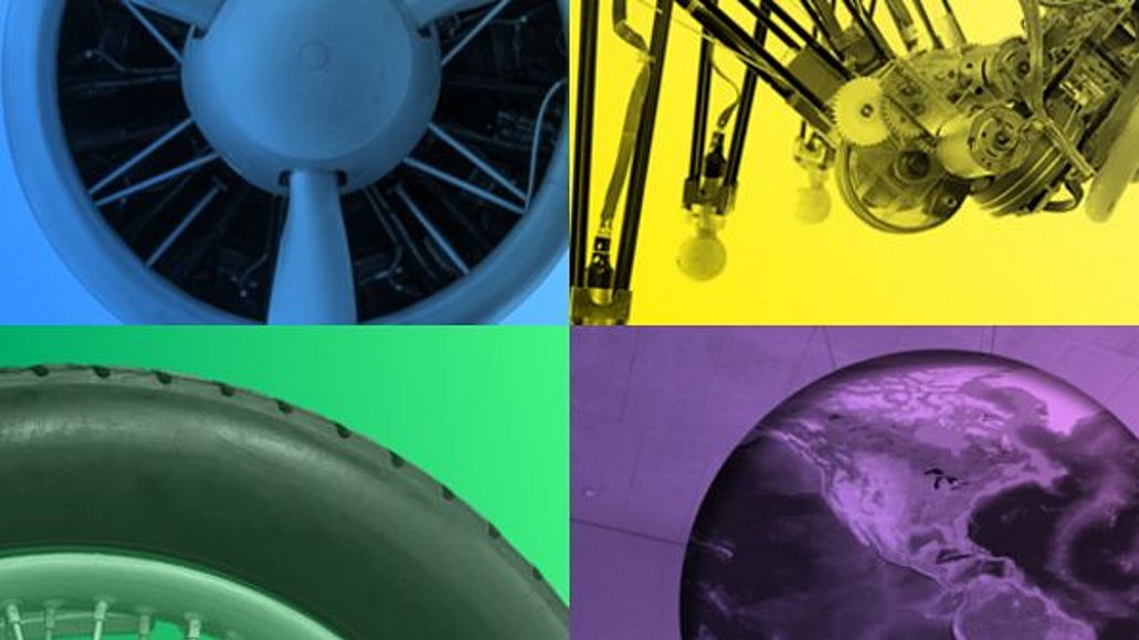 Symbole für die Zweigstellen: Der Propeller steht für die Flugwerft Schleißheim, der Roboter für das Deutsche Museum Bonn, das Rad für das Verkehrszentrum und der Erdball für das Deutsche Museum Nürnberg.