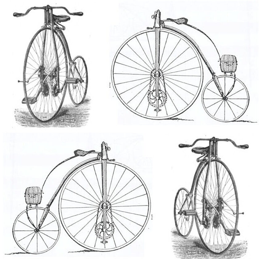 Kollage von Zeichnungen von Hochrädern