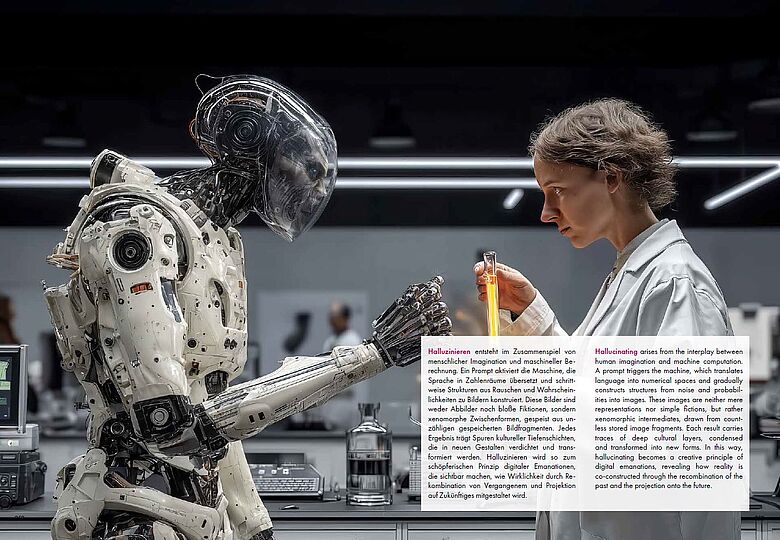 Ein Roboter, der einer Frau ein gelbes Röhrchen reicht