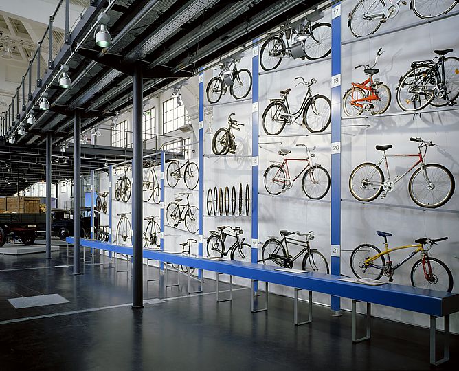 A shelf full of bicycles.